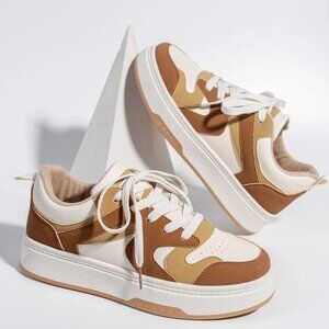Colorblock Lace-up Front Skate Shoes, Brown Preppy Style